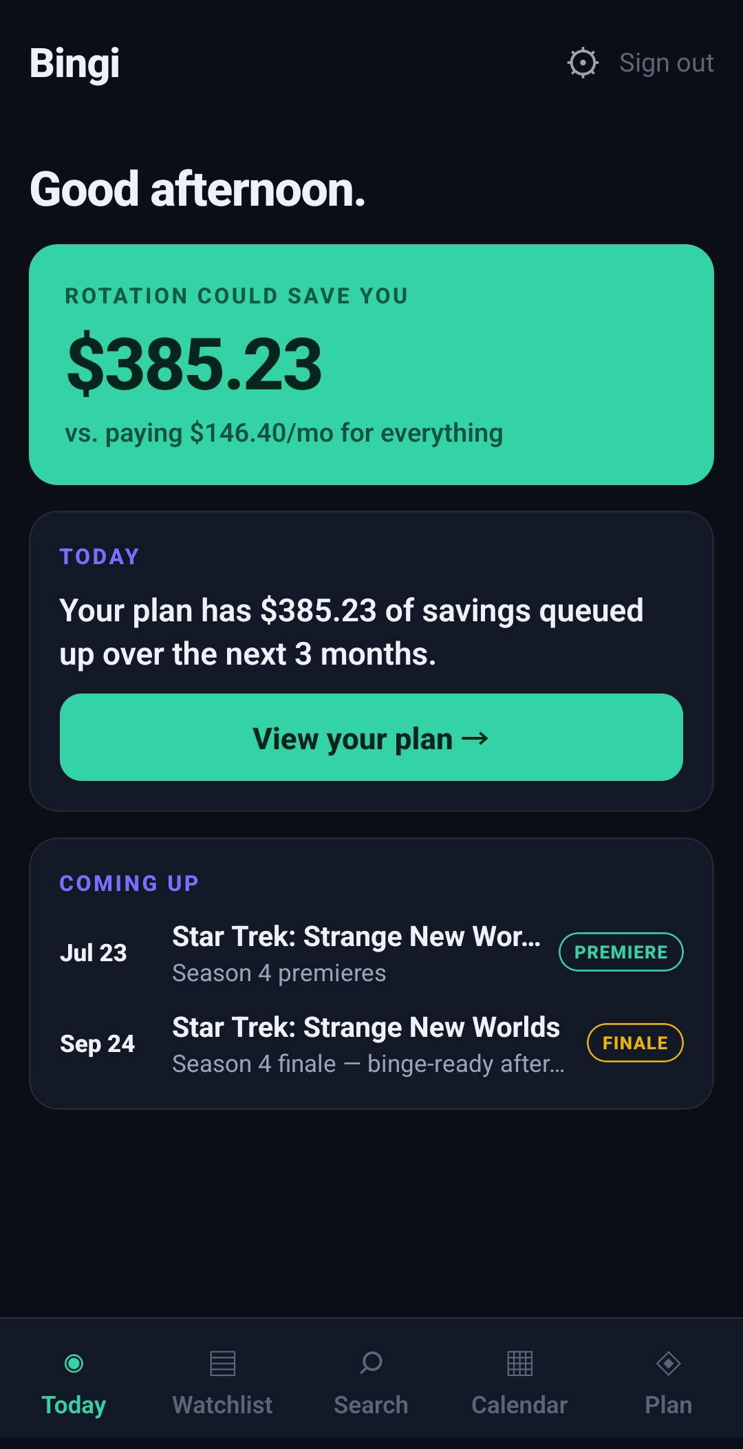 Bingi app — today screen