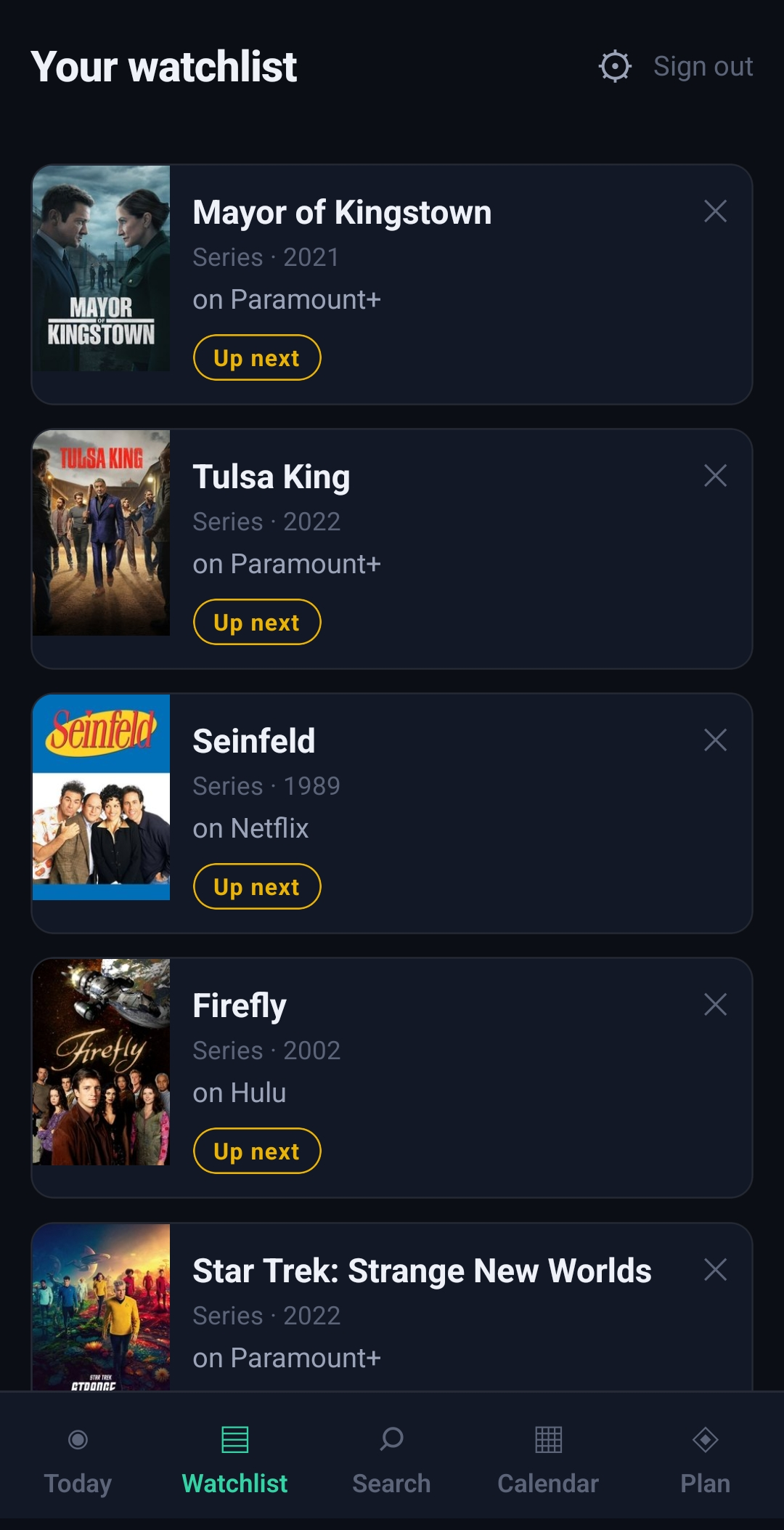 Bingi app — watchlist