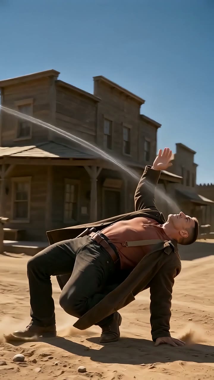 Trent dodging a bullet in slow motion on a dusty main street, from Episode 3